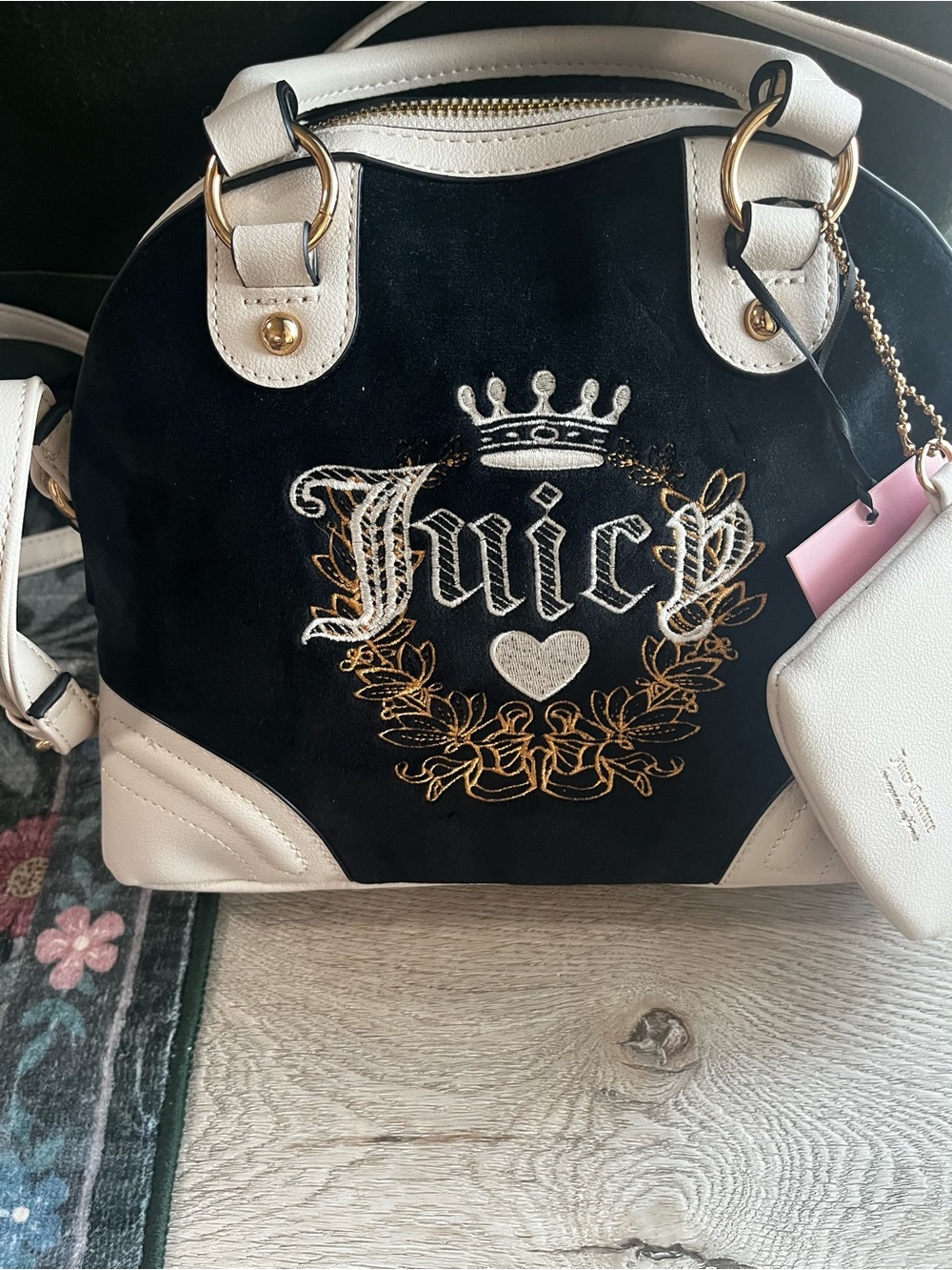 Juicy Couture Black and White Dome Satchel with Gold Embroidery